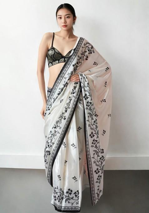 White Printed Blended Saree Set