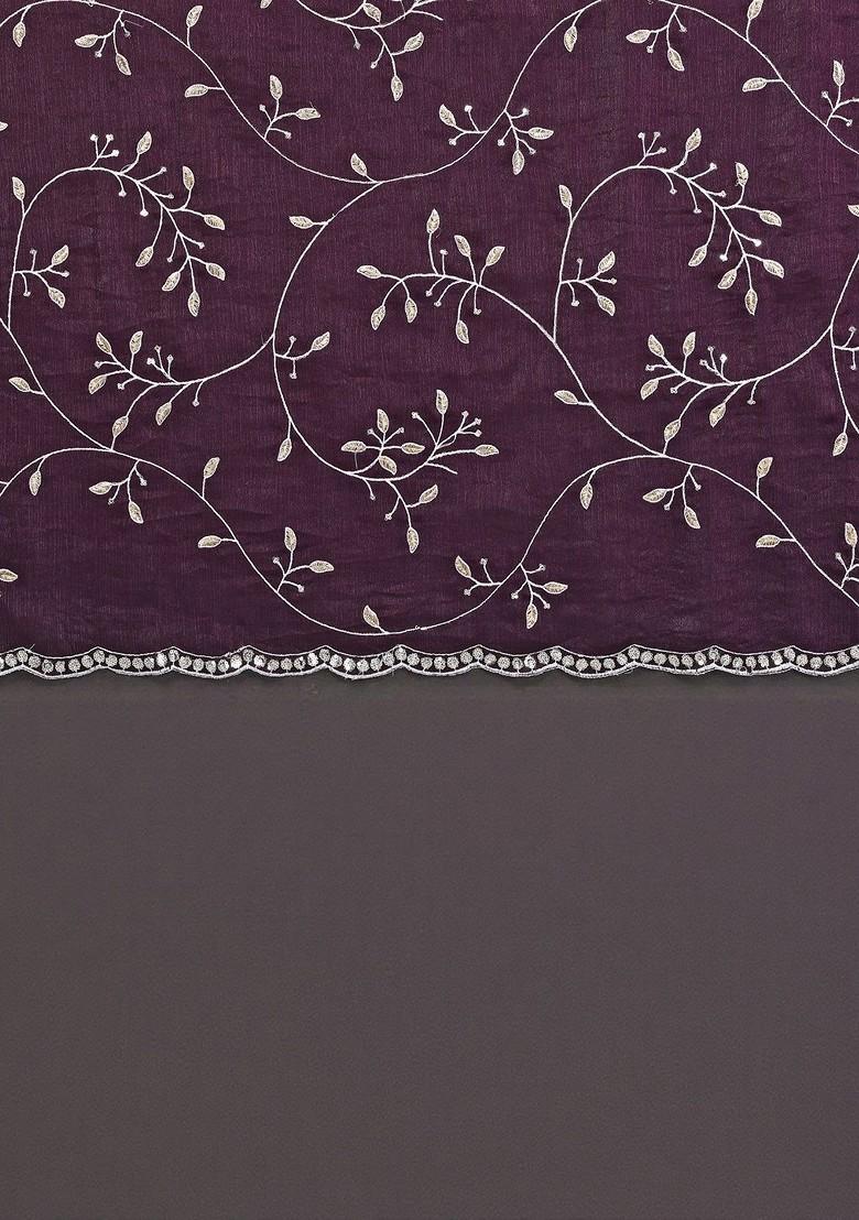 Purple Floral Print Blended Saree Set - Indya