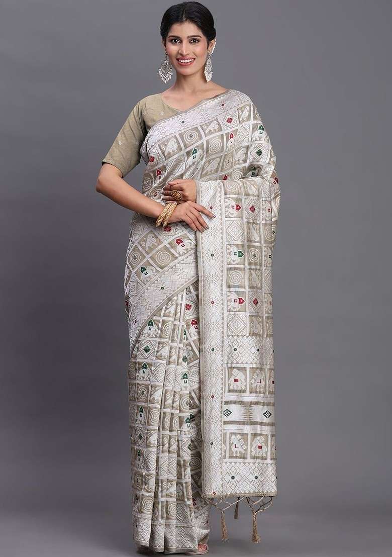 Brown Embroidered Blended Saree Set - Indya