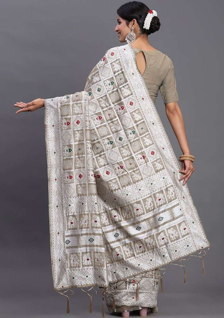 Brown Embroidered Blended Saree Set - Indya