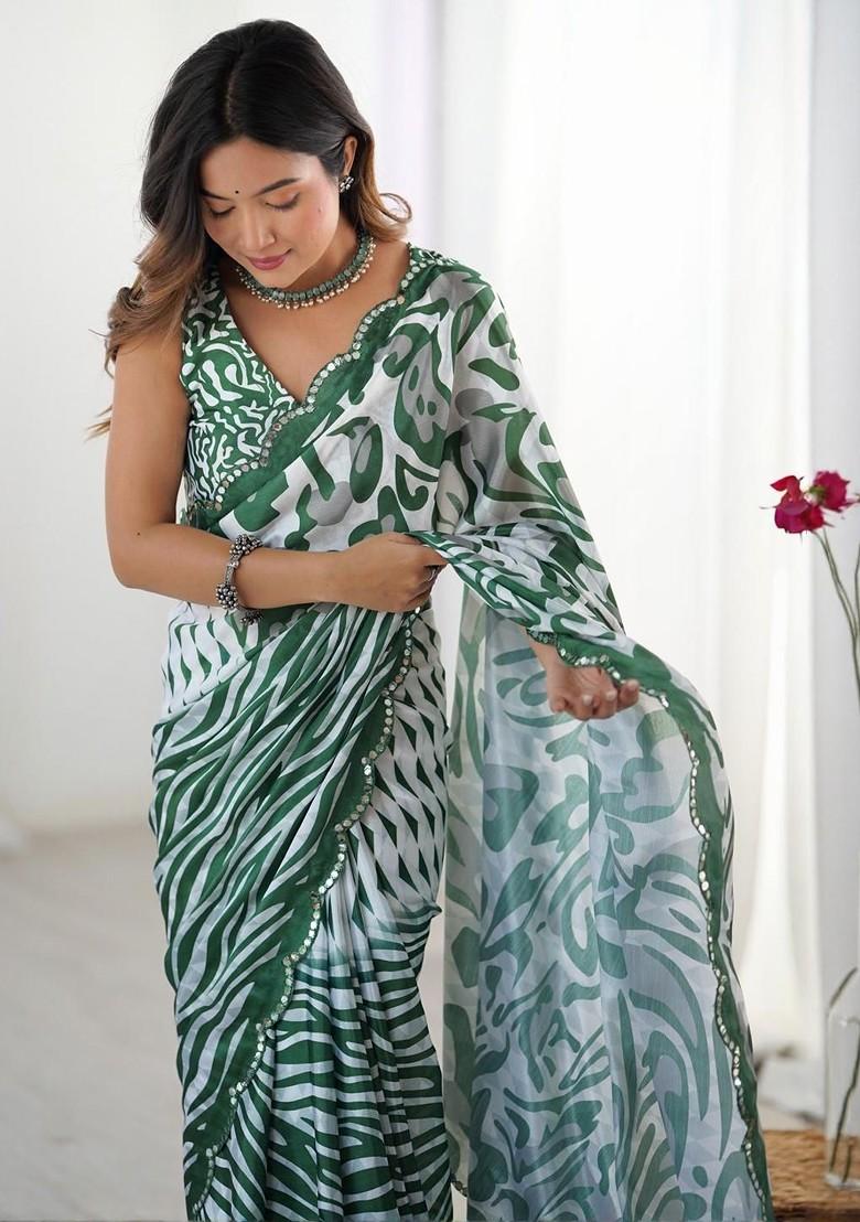 Green Floral Print Blended Saree Set - Indya