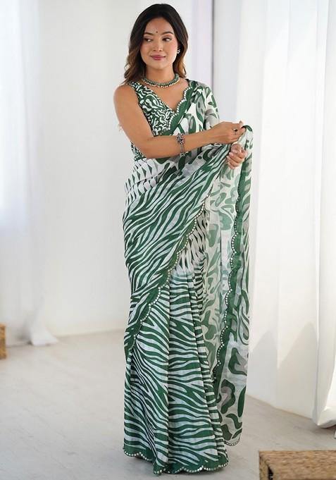 Green Floral Print Blended Saree Set — view on Indya