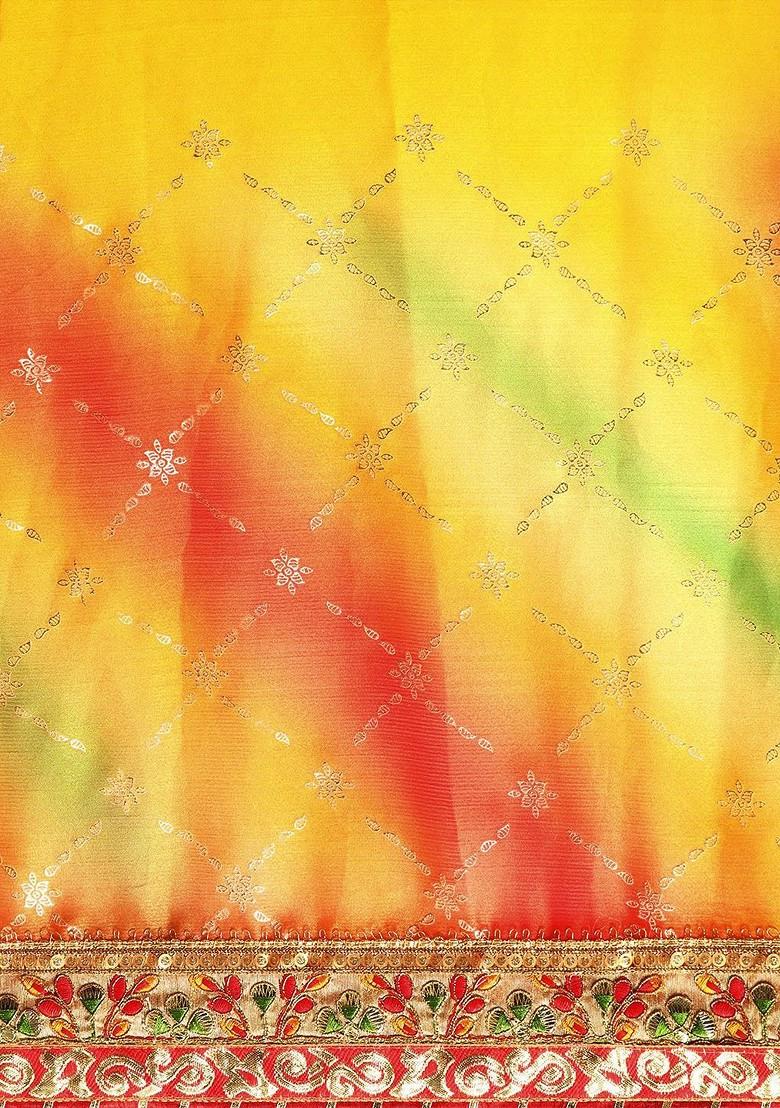 Yellow Embroidered Blended Saree Set - Indya