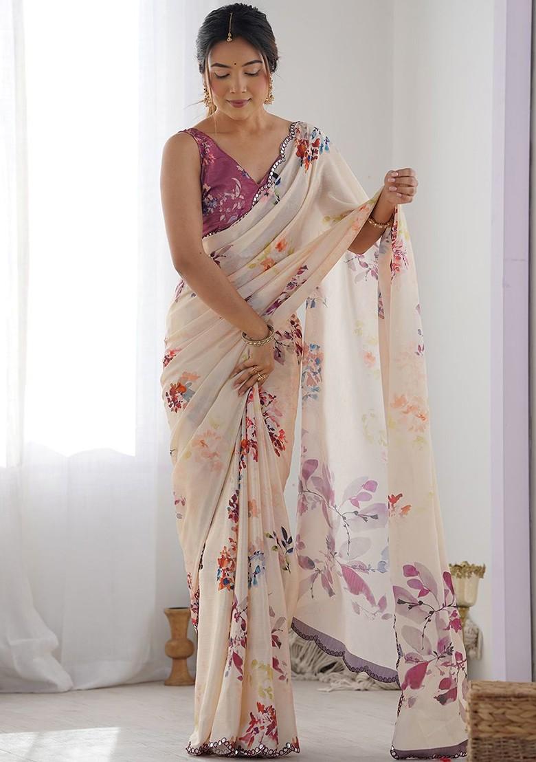 Peach Floral Print Blended Saree Set - Indya
