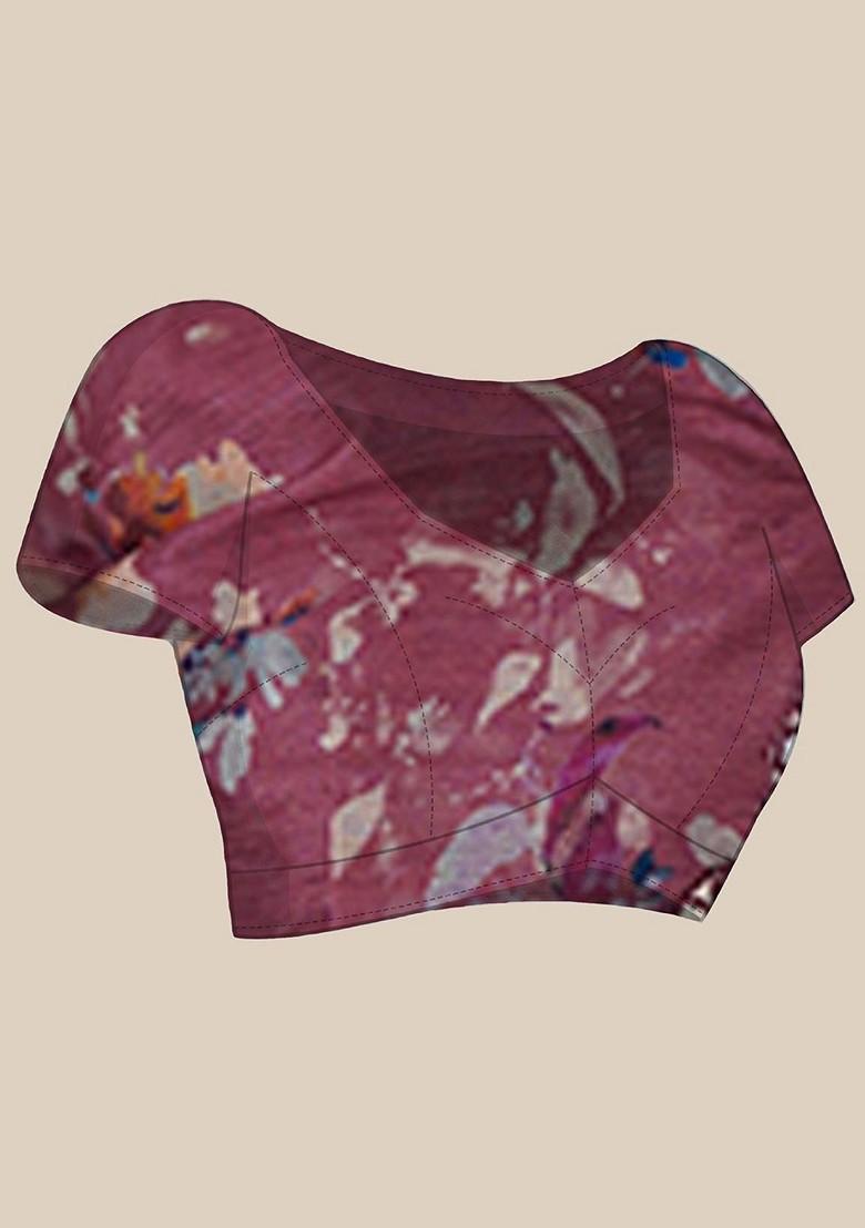 Peach Floral Print Blended Saree Set - Indya