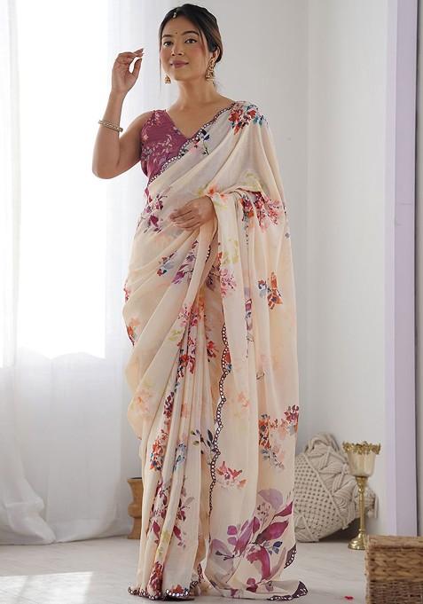 Peach Floral Print Blended Saree Set — view on Indya