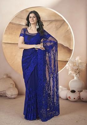 Blue Embroidered Blended Saree Set