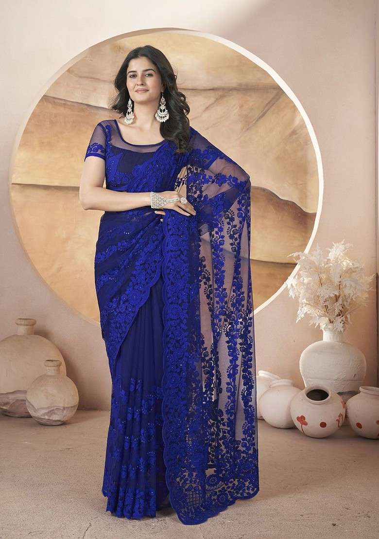 Blue Embroidered Blended Saree Set - Indya