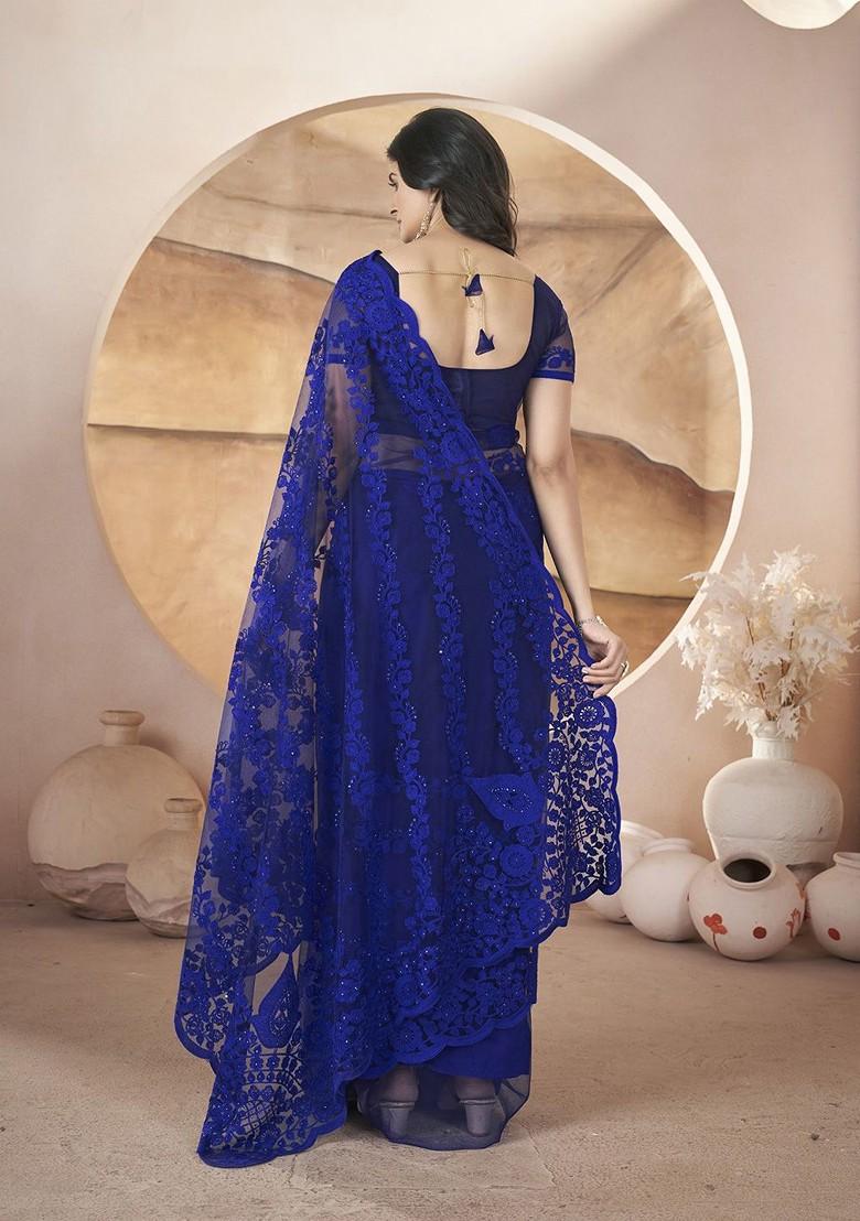 Blue Embroidered Blended Saree Set - Indya