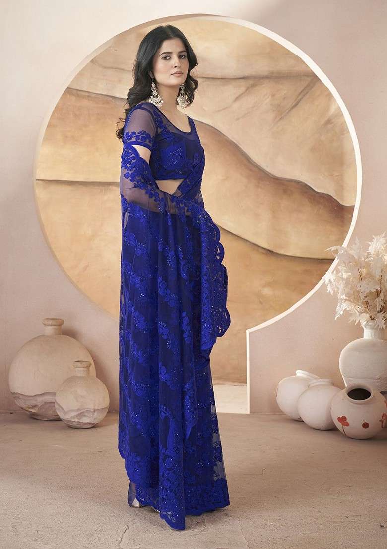 Blue Embroidered Blended Saree Set - Indya