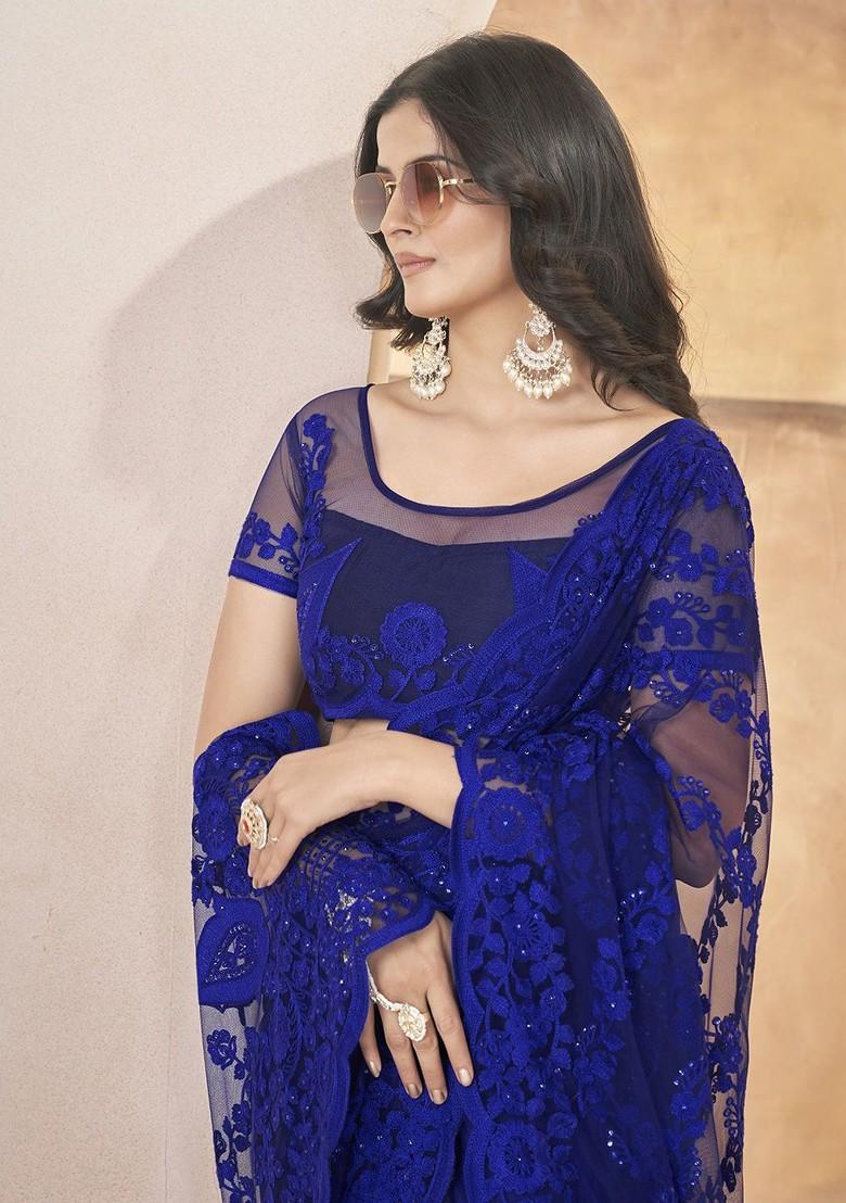 Blue Embroidered Blended Saree Set - Indya