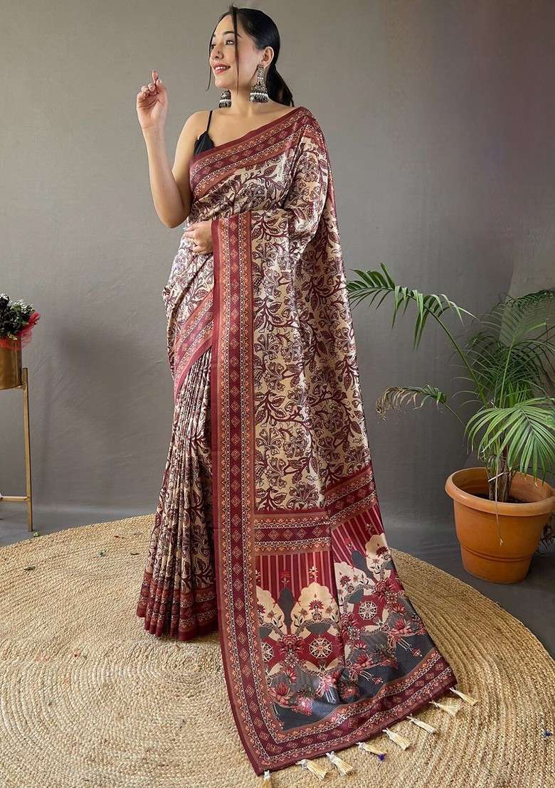 Cream Embroidered Blended Saree Set - Indya