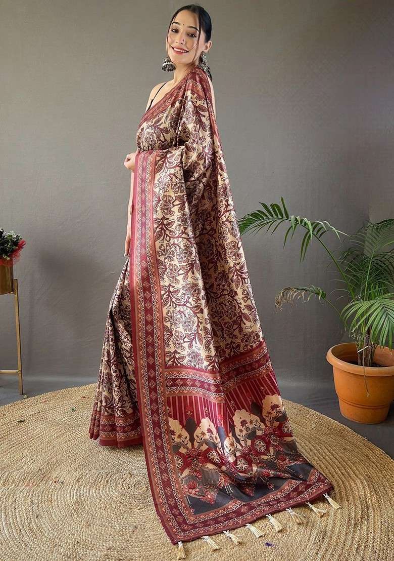 Cream Embroidered Blended Saree Set for Diwali and Festive Wear - Indya