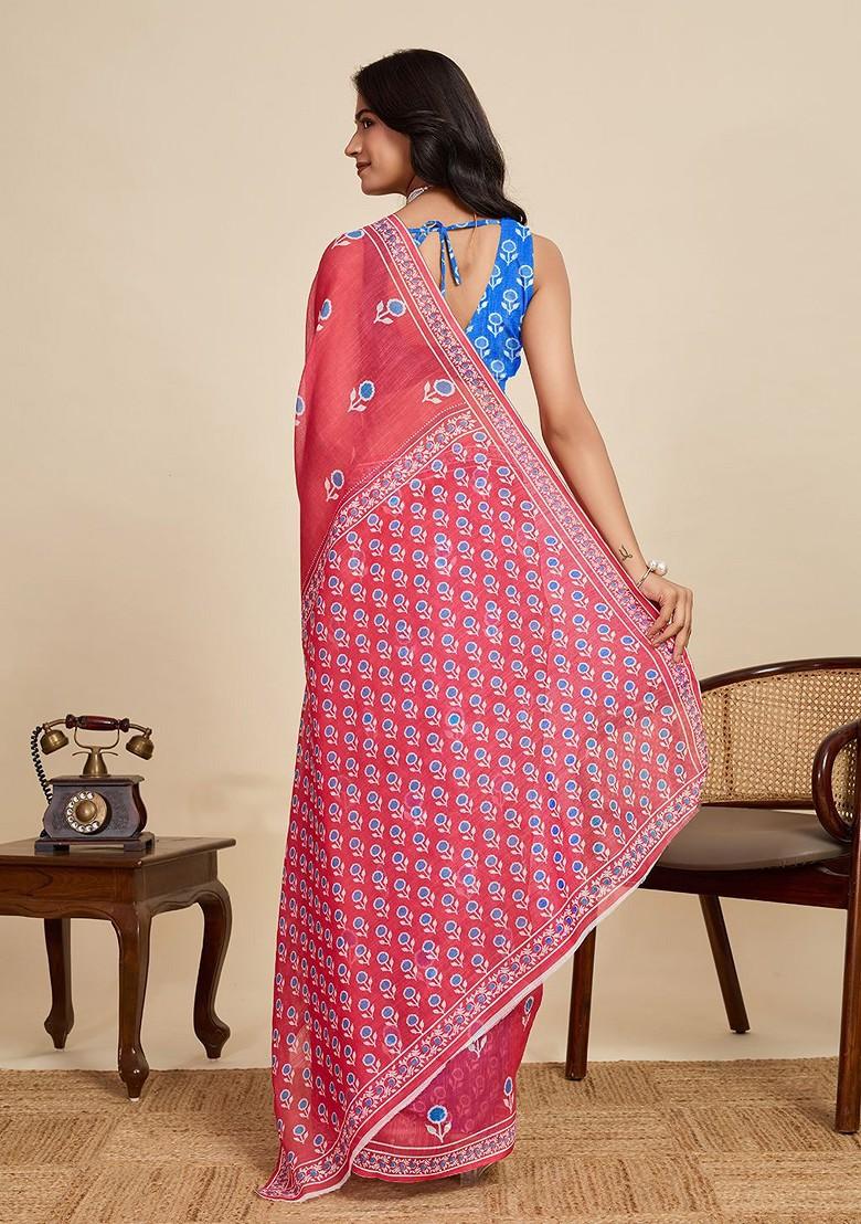 Red Printed Blended Saree Set - Indya