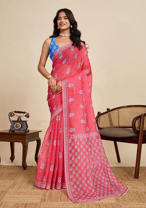 Red Printed Blended Saree Set