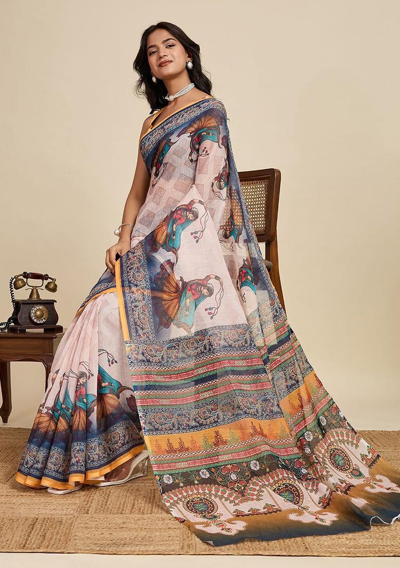 White Printed Blended Saree Set - Indya