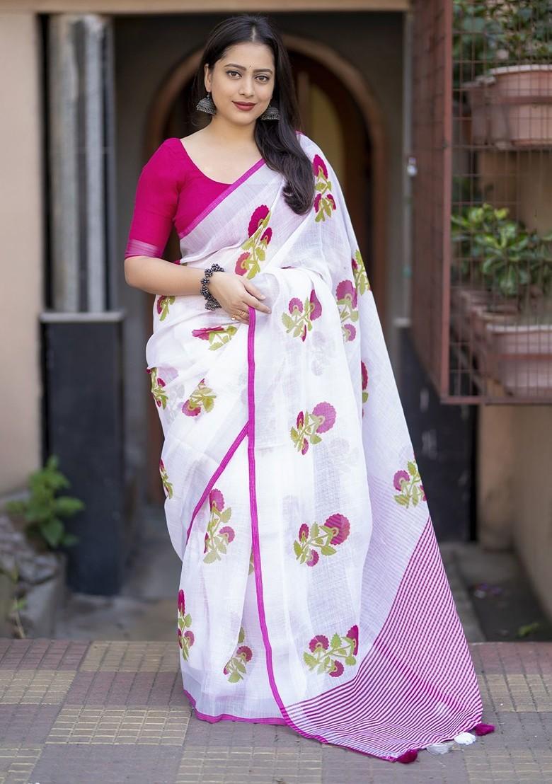White Printed Blended Saree Set - Indya