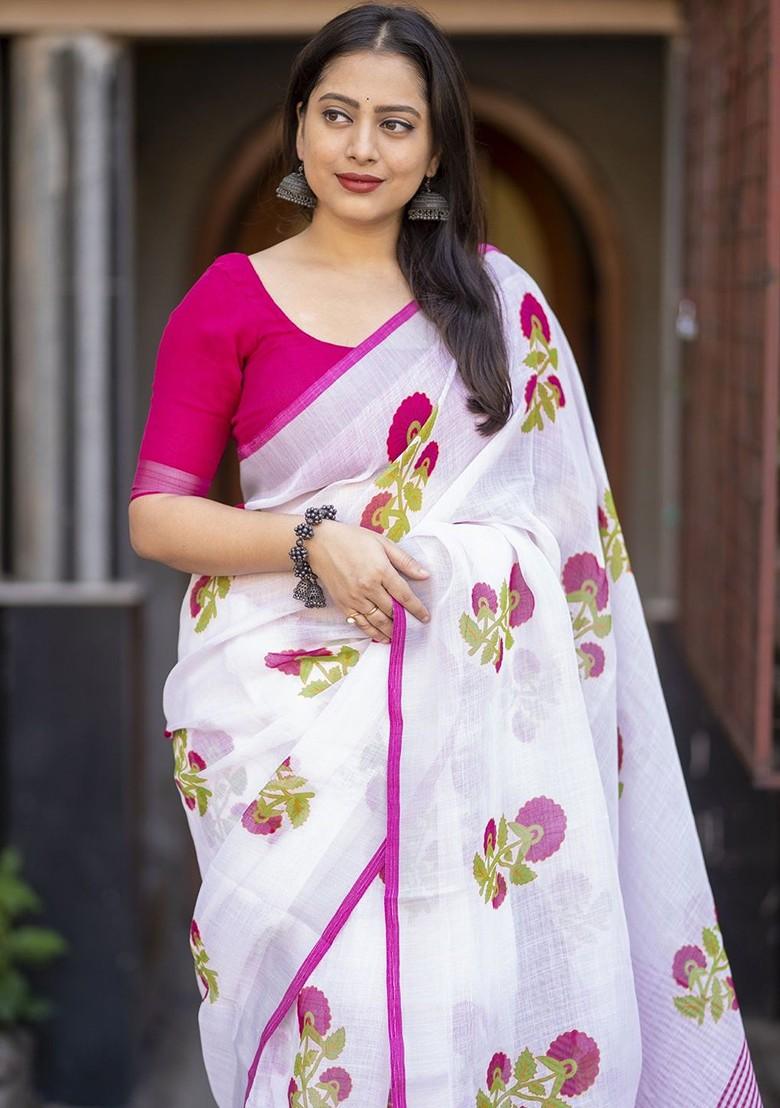 White Printed Blended Saree Set - Indya