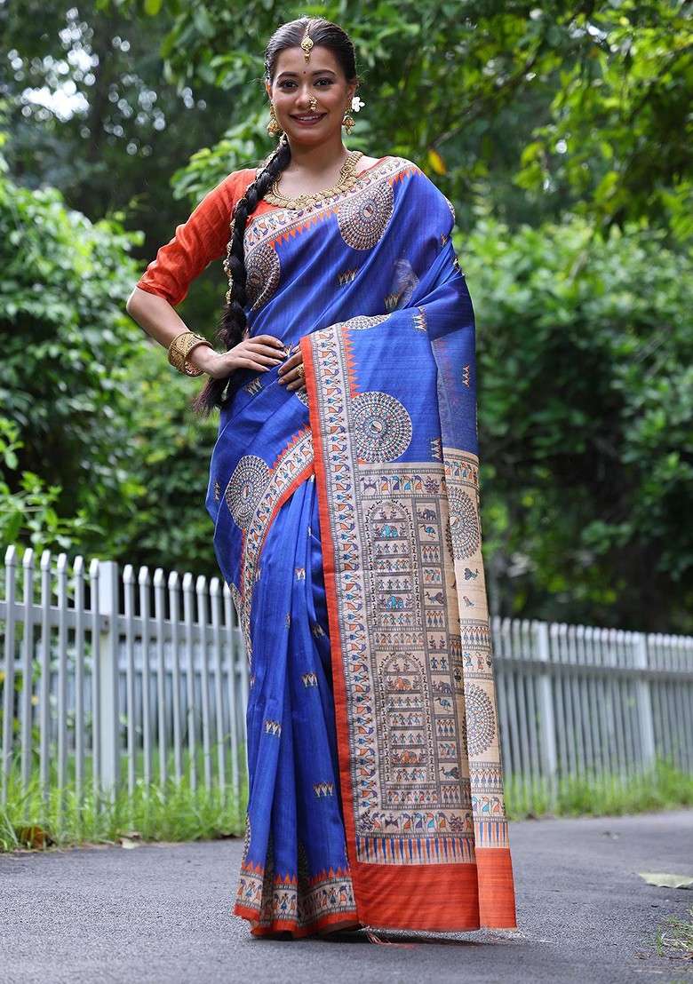 Blue Embroidered Blended Saree Set for Diwali and Festive Wear - Indya