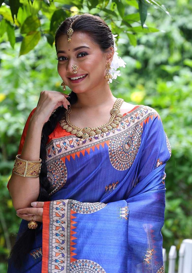 Blue Embroidered Blended Saree Set for Diwali and Festive Wear - Indya