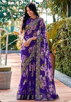 Purple Printed Blended Saree Set