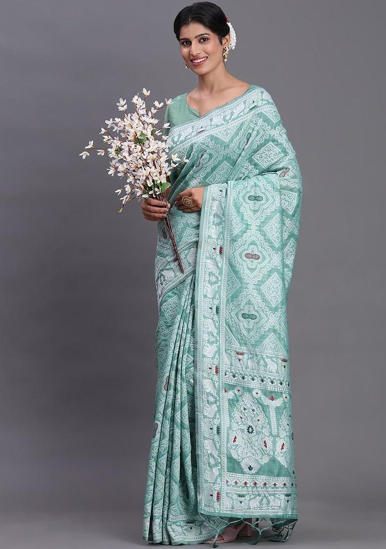 Green Embroidered Blended Saree Set - Indya