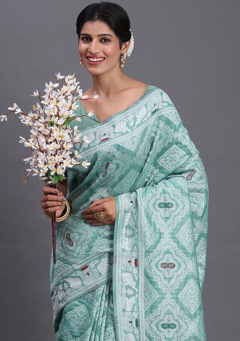 Green Embroidered Blended Saree Set - Indya