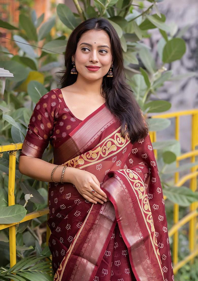 Red Zari Printed Blended Saree Set - Indya