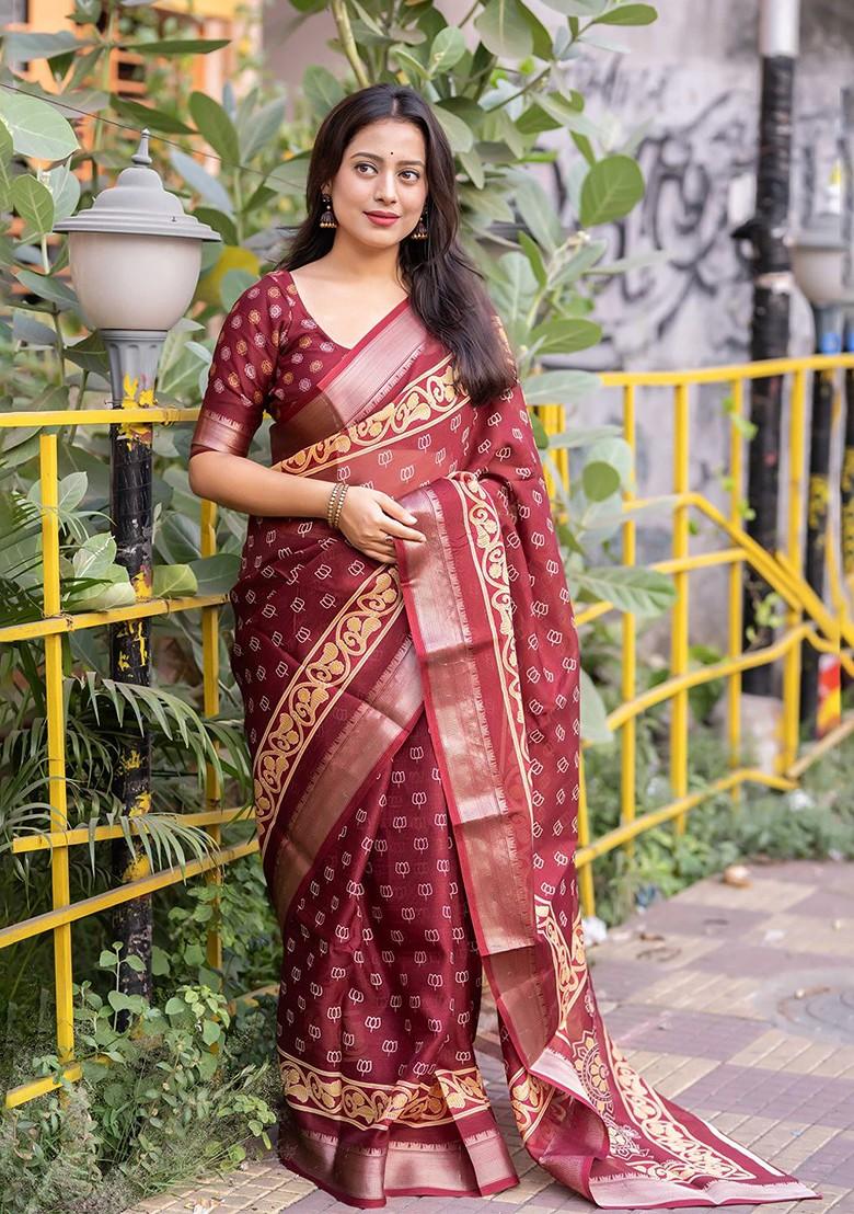 Red Zari Printed Blended Saree Set - Indya