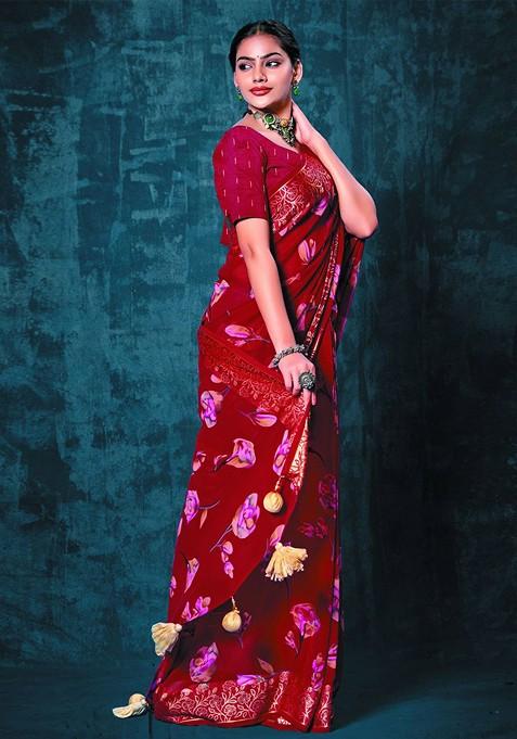 Red Zari Printed Blended Saree Set