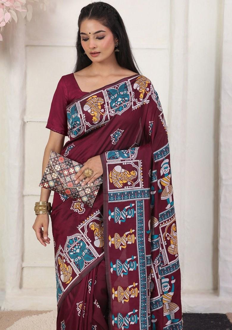 Maroon Printed Blended Saree Set - Indya
