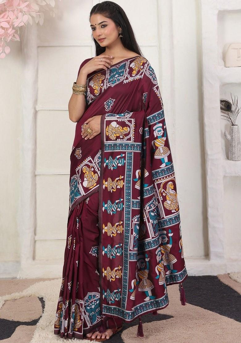Maroon Printed Blended Saree Set - Indya