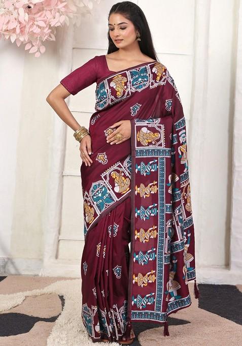 Maroon Printed Blended Saree Set