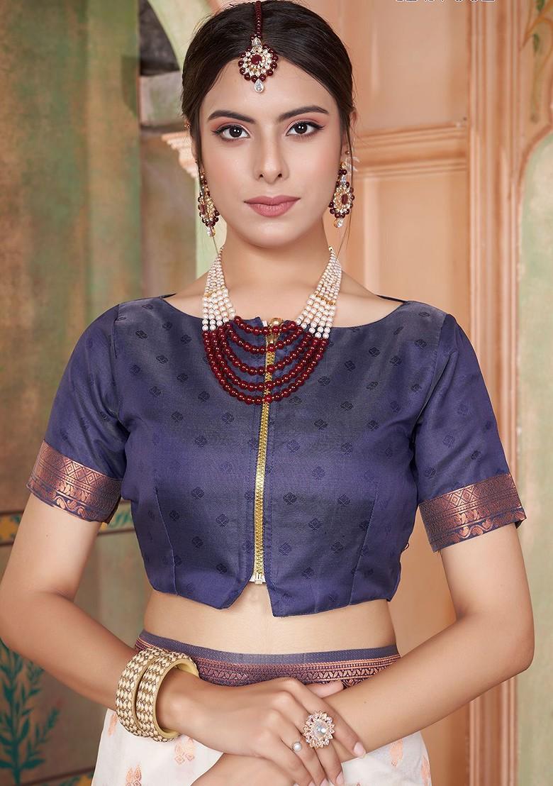 White Zari Printed Blended Saree Set - Indya