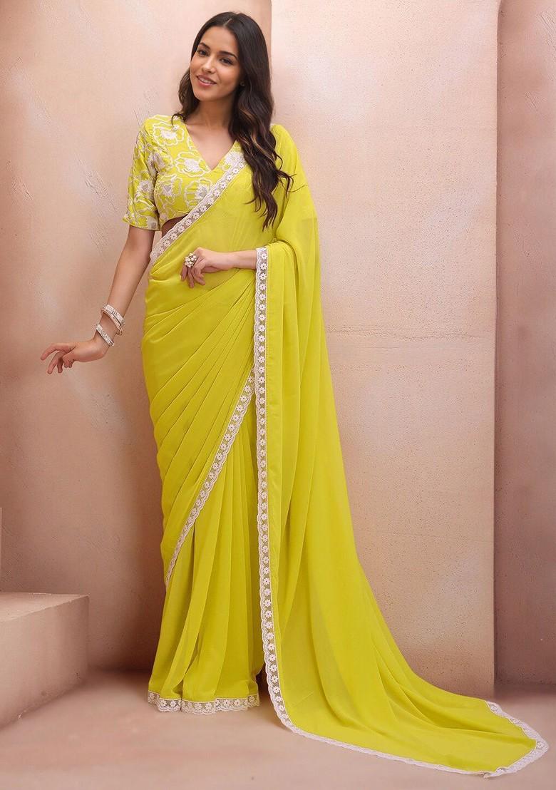 Green Floral Print Blended Saree Set