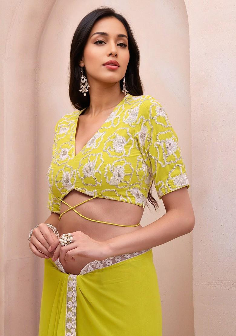 Green Floral Print Blended Saree Set