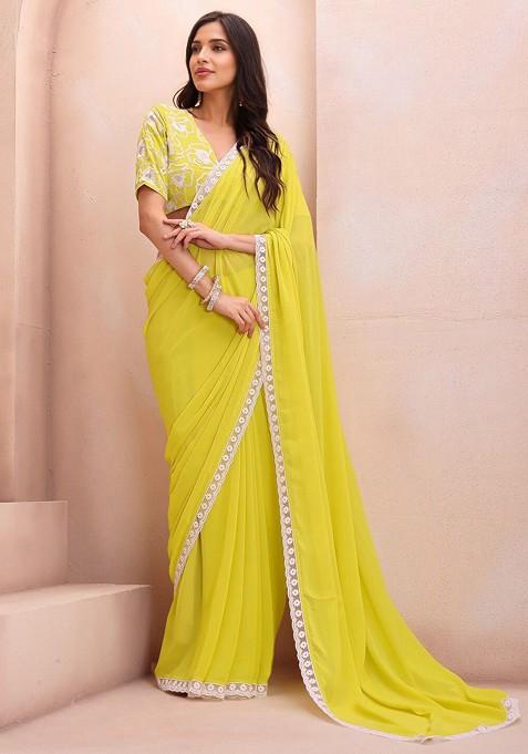 Green Floral Print Blended Saree Set