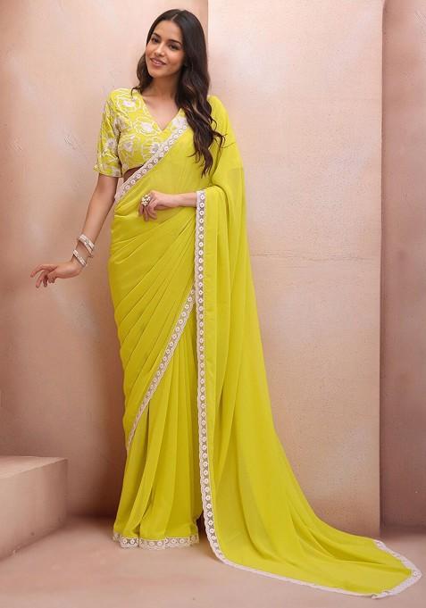 Green Floral Print Blended Saree Set