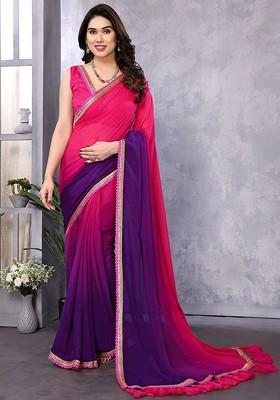 Pink Embroidered Blended Saree Set