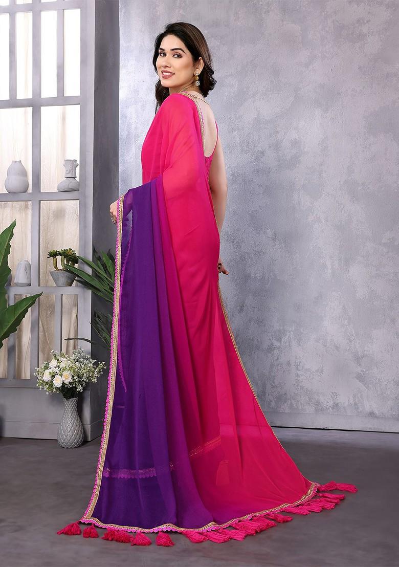 Pink Embroidered Blended Saree Set - Indya