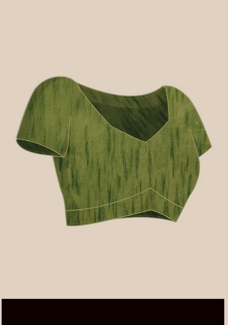 Green Printed Blended Saree Set - Indya