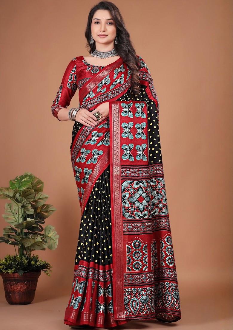 Red Printed Blended Saree Set - Indya