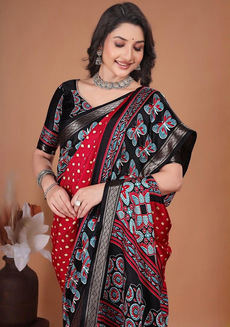 Red Printed Blended Saree Set - Indya