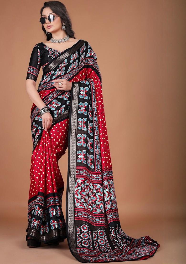 Red Printed Blended Saree Set - Indya