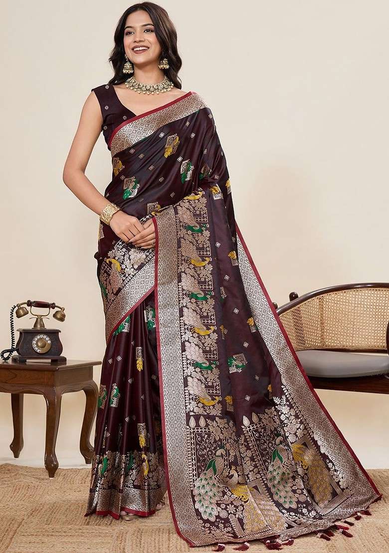 Maroon Zari Blended Saree Set with Printed for Diwali | Wedding & Festive Wear - Indya