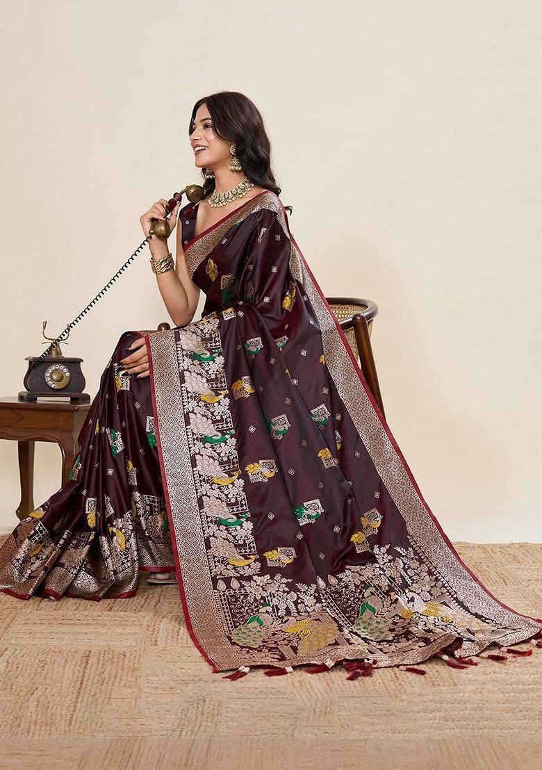 Maroon Zari Printed Blended Saree Set - Indya
