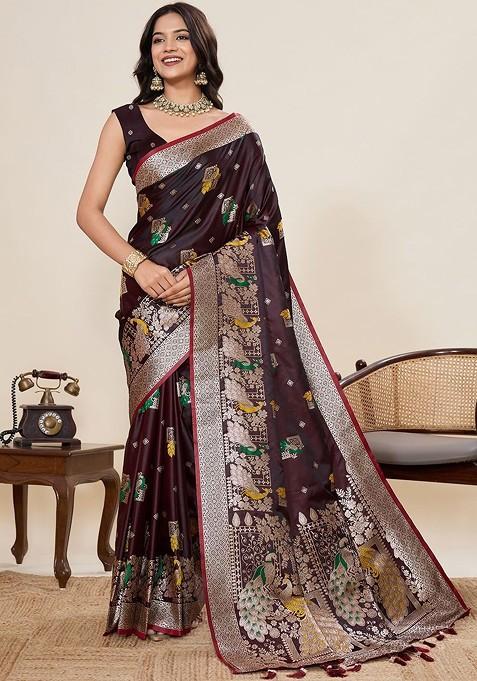 Maroon Zari Printed Blended Saree Set