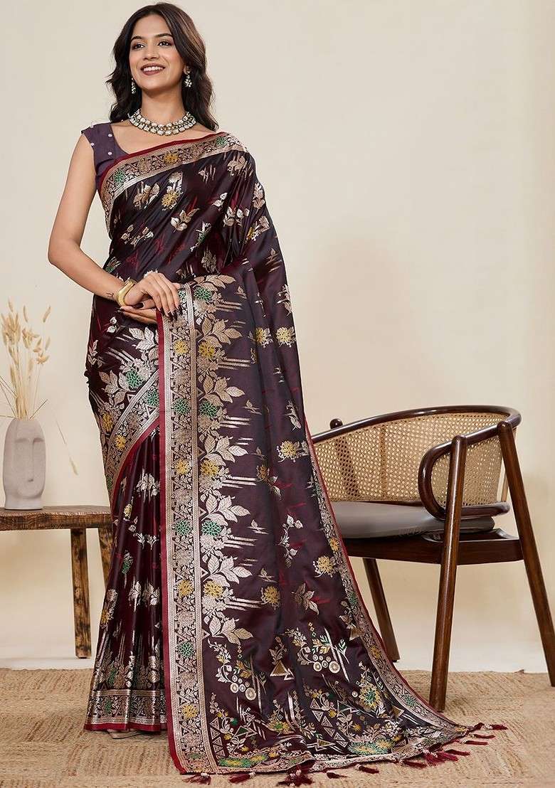 Maroon Zari Printed Blended Saree Set for Diwali and Festive Wear - Indya