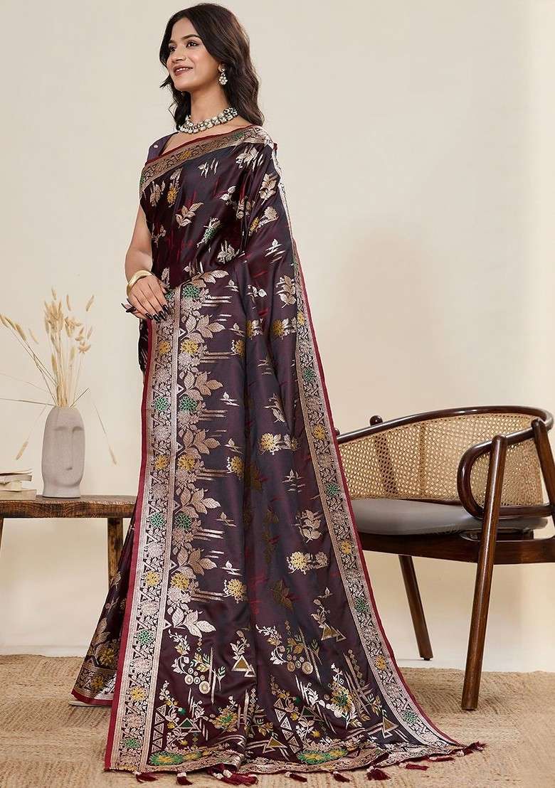 Maroon Zari Printed Blended Saree Set for Diwali and Festive Wear - Indya