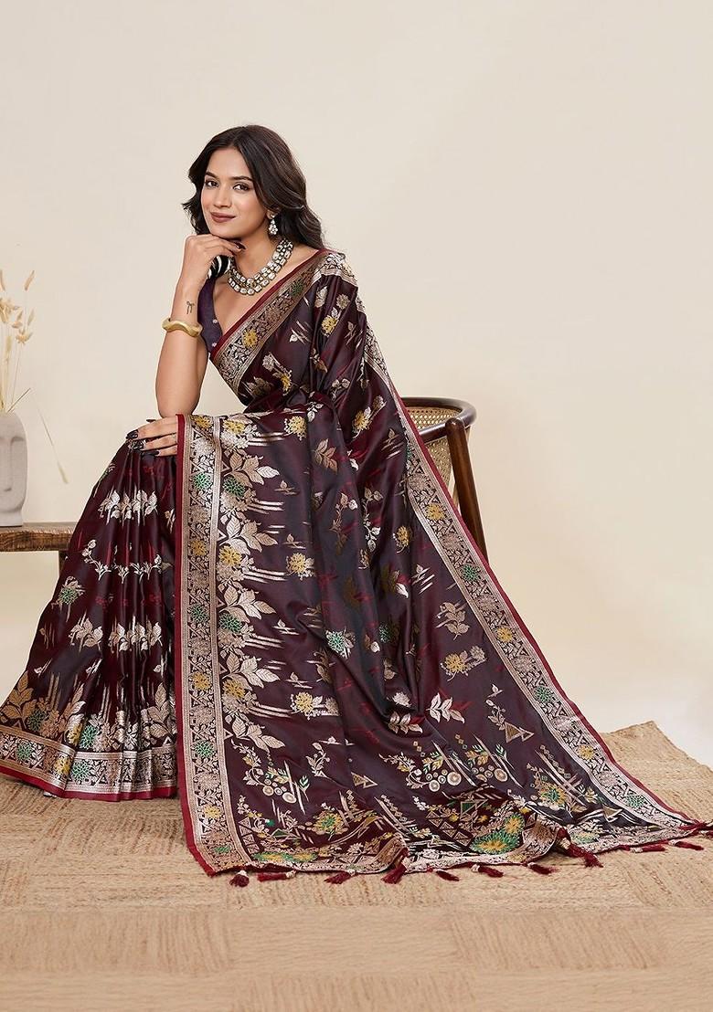 Maroon Zari Printed Blended Saree Set - Indya